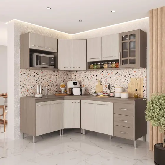 Cozinha Modulada Completa Fidelitá Paris 6 Peças 340cm 12 Portas 3 Gavetas Com Tampo Nogal/Salinas