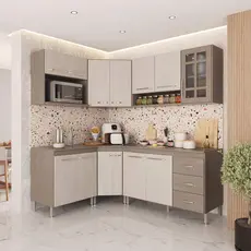 Cozinha Modulada Completa Fidelitá Paris 6 Peças 340cm 12 Portas 3 Gavetas Com Tampo Nogal/Salinas