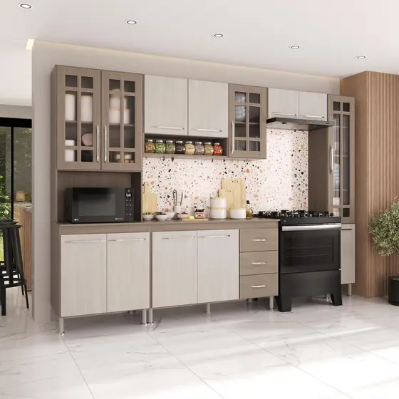 Cozinha Modulada Completa Fidelitá Paris 5 Peças 295cm 12 Portas 3 Gavetas Com Tampo Nogal/Salinas