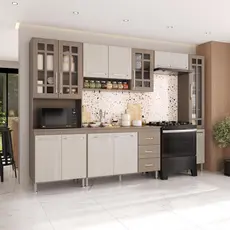 Cozinha Modulada Completa Fidelitá Paris 5 Peças 295cm 12 Portas 3 Gavetas Com Tampo Nogal/Salinas