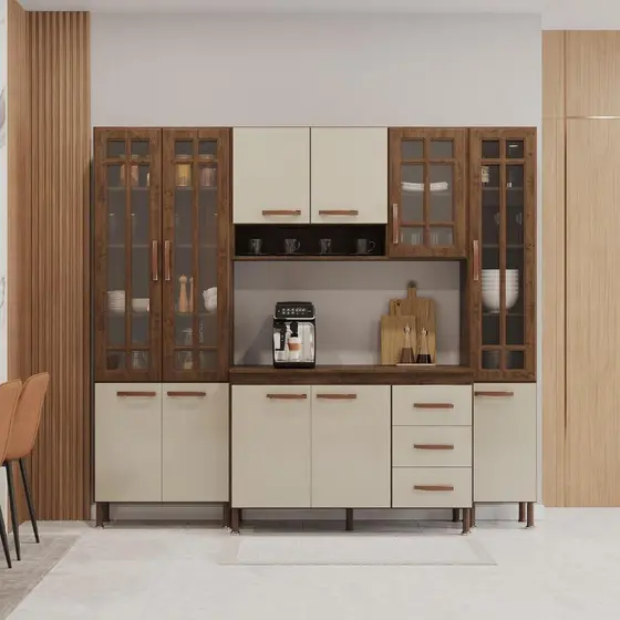Cozinha Modulada Compacta Fidelitá Lisboa 4 Peças 225cm 11 Portas 3 Gavetas Com Tampo Noce/Off-White