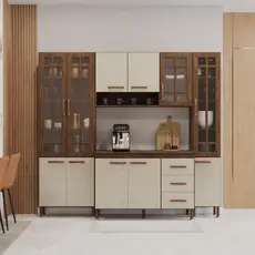 Cozinha Modulada Compacta Fidelitá Lisboa 4 Peças 225cm 11 Portas 3 Gavetas Com Tampo Noce/Off-White