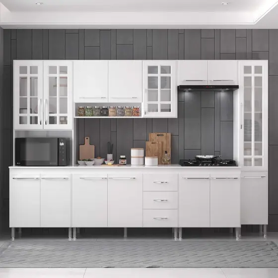 Cozinha Modulada Completa Fidelitá Viena 6 Peças 295cm 15 Portas 3 Gavetas Com Tampo Branco