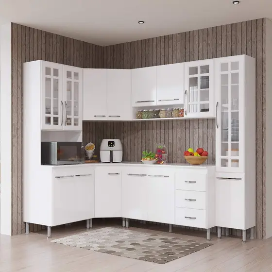 Armário de Cozinha Modulada Completa Fidelitá Viena 6 Peças 375cm 14 Portas 3 Gavetas Com Tampo Branco