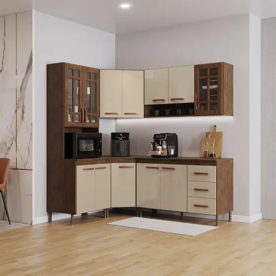 Cozinha Modulada Completa Fidelitá Lisboa 5 Peças 340cm 12 Portas 3 Gavetas Com Tampo Noce/Off-White