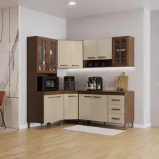 Cozinha Modulada Completa Fidelitá Lisboa 5 Peças 340cm 12 Portas 3 Gavetas Com Tampo Noce/Off-White