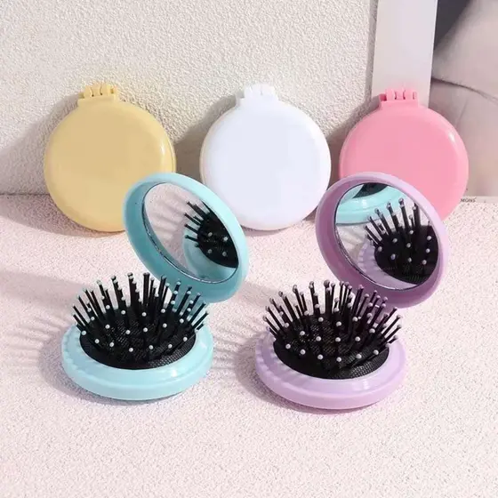 KIT 1/2/3/6 Peças Mini Escova de Cabelo Dobrável Com Espelho - Portátil e Perfeita