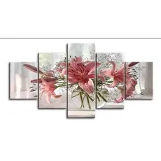 Quadro Decorativo Mosaico 5 Peças Flor Lírio Rosa Floral