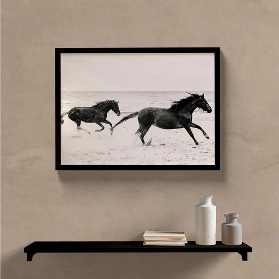 Quadro Decorativo Cavalos Preto e Branco 60x40 sala quarto escritorio