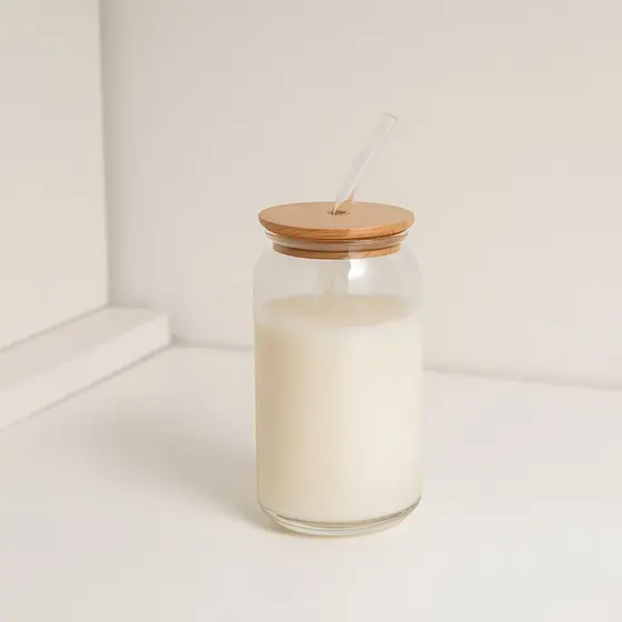 Copo de Vidro com Tampa de Bambu Hermético e Canudo de Vidro Ideal para Suco Café Drinks 500ml
