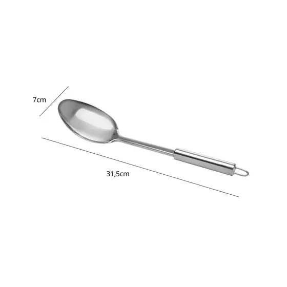 Colher de Arroz Aço Inox Grande Cabo Longo Resistente - 31,5 x 7 x 3cm