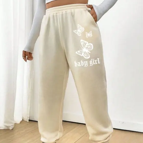 Calça Moletom Feminina Borboletas Minimalista Baby Girl Flanelada Algodão