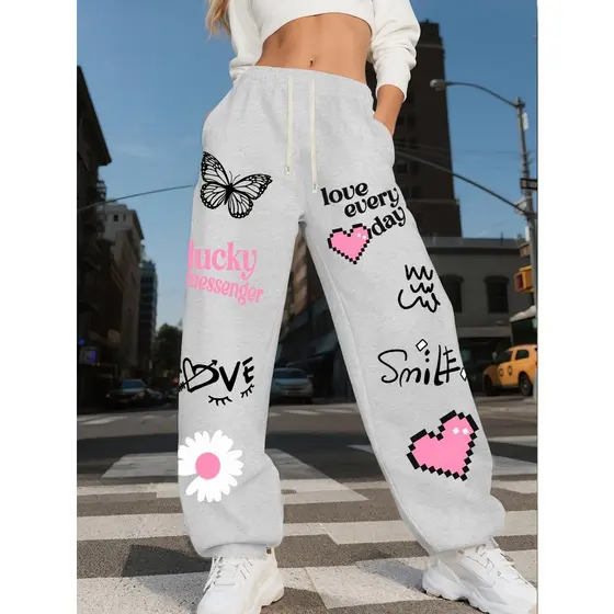Calça Streetwear  Barra Larga Moletom Oversized Estilo Gringo Love Smile