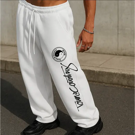Calça Moletom Larga Barra Reta Flanelada Estilo Urbano Yng Yang Larga