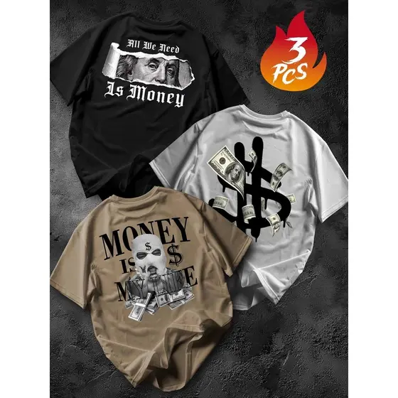 Kit 3 peças  Camiseta Masculina Algodão Premium Adulto Plus Size Infantil Streetwear Cifrão Money Dolar Dinheiro Bandido