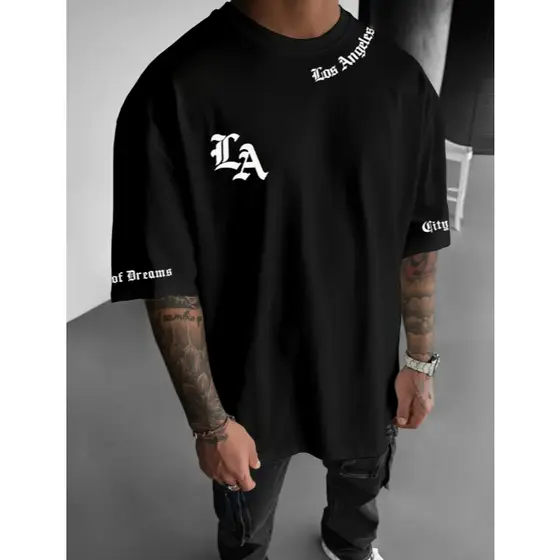Camiseta Oversized Masculina Estilo  Larga Los Angeles Letras Estilosas Casual