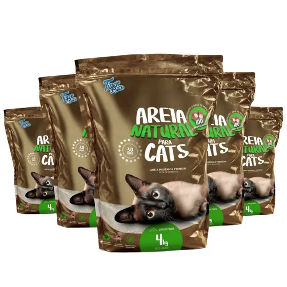 Areia Higiênica Biodegradável Tiger Cats 20Kg (5 pacotes de 4 kg) - Mandioca - Grãos finos