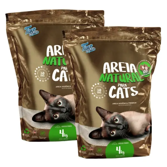 Areia Higiênica Biodegradável Tiger Cats 8Kg (2 pacotes de 4 kg) - Mandioca - Grãos finos