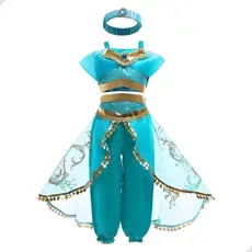 Kit Fantasia Princesa Jasmine Aladdin Infantil com Calça Top e Tiara Cosplay Completo para Meninas