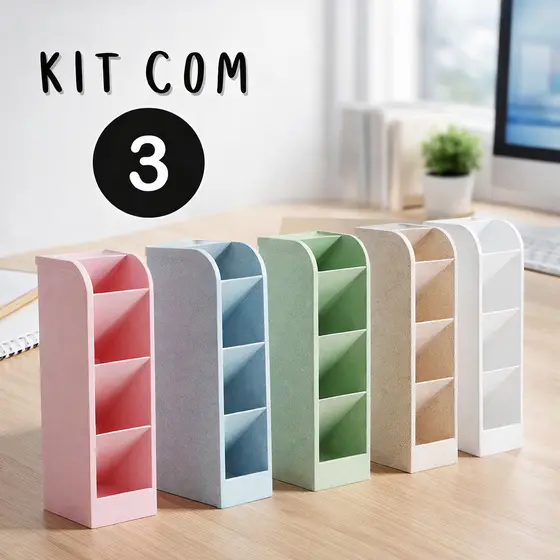 Kit 3 Organizador de Mesa Porta Caneta e Lápis Escolar com 4 Compartimentos Plástico Resistente