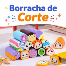 Caixinha com 6 Borrachas de Corte 3D Comprida Infantil Escolar Colecionável Temas Diversos