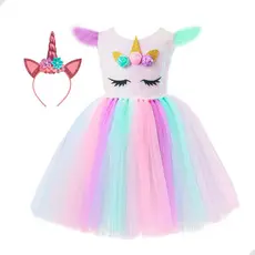 Kit Fantasia de Unicórnio com Tiara de Chifre Vestido com Forro de Tule Arco-Íris Colorido Infantil