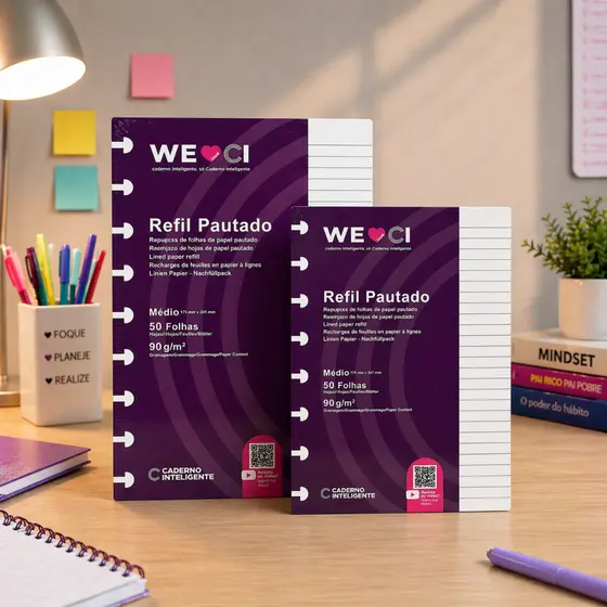 Refil B5 9 Discos 100 Folhas Caderno Inteligente Original Médio Pautado 90g/m² Reposicionáveis