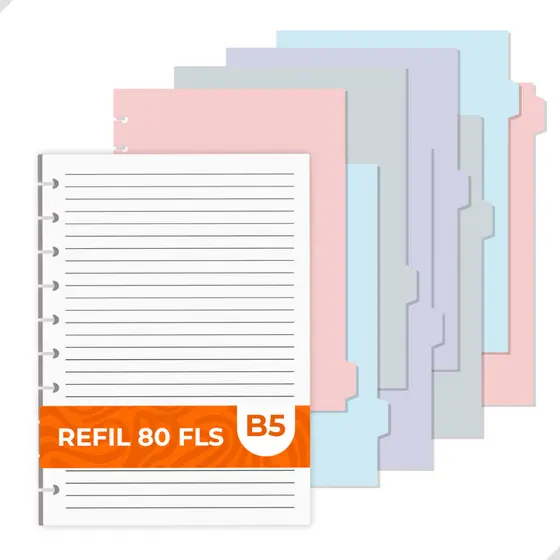 Kit 8 Divisórias Coloridas + Refil 80 Folhas B5 Caderno Inteligente 10 Discos Material Escolar