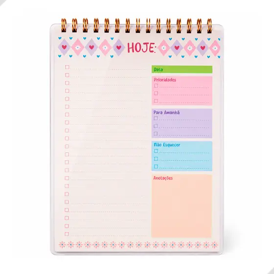 Planner Diário Coração Colorido 50 Folhas Fofas Layout Funcional Encadernação Dourada Resistente