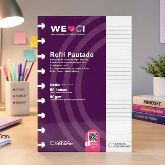 Refil Caderno Inteligente Original B5 Médio 50 Folhas 9 Discos Reposicionáveis Pautado 90g/m²