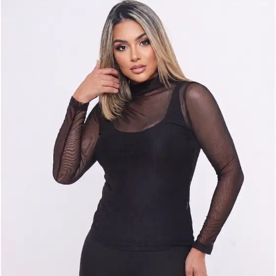 Blusa Tule Feminina Manga Longa Luxo