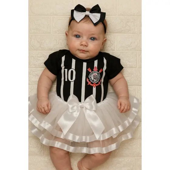 Kit Torcedor Corinthians Body Mesversário Menina com Laço e Tule de Luxo