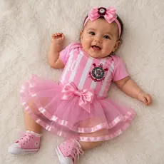 Body Bebê Princesa Do Timão Corinthians Rosa De Luxo Saia Tule Laço Tênis Mesversário