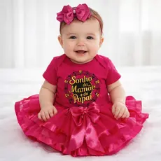 Body Bebê Mesversário Sonho da Mamãe e do Papai Kit Luxo com TULE DE LUXO e Laço