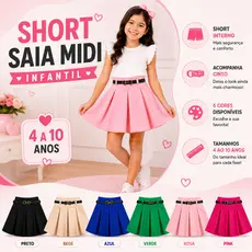 Saia Com Short Interno Bloguerinha Infantil Rodado Midi Com Cinto Menina 4 6 8 10 Anos
