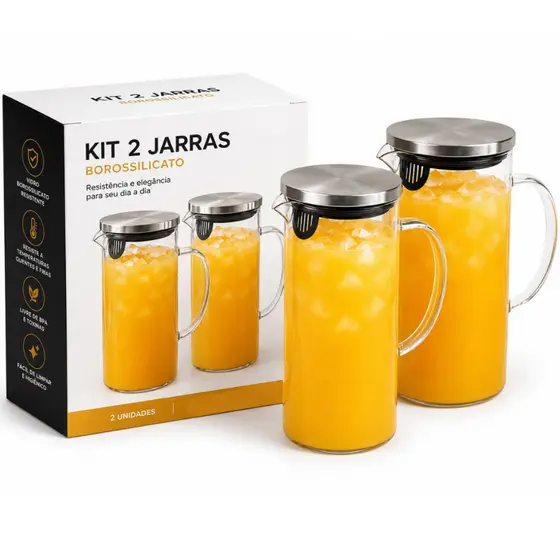 Kit 2 Jarras Vidro Borossilicato Tampa Inox Hermética Agua saborizada Suco Chá Transparente
