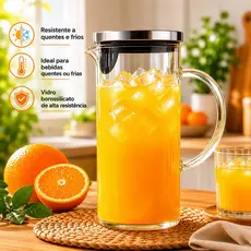 Jarra Vidro Borossilicato Tampa Inox Hermética Agua saborizada Suco Chá Transparente