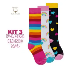 Kit 3 Meias 3/4 Infantil Cano Longo Colorida Galocha Patins