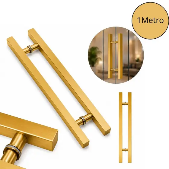 Puxador H Inox Dourado Barra Chata 1 Metro Entre Furos 80cm Para Porta de Vidro - Fast Vidros