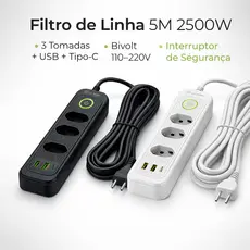 Filtro de Linha 5 Metros 2500W com 3 Tomadas + 2 USB + 1 Tipo-C Bivolt com Interruptor