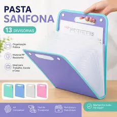 Pasta Sanfonada A4 13 Divisórias Organizador de Documentos com Fechamento por Botão e Elástico PP Escolar Escritório