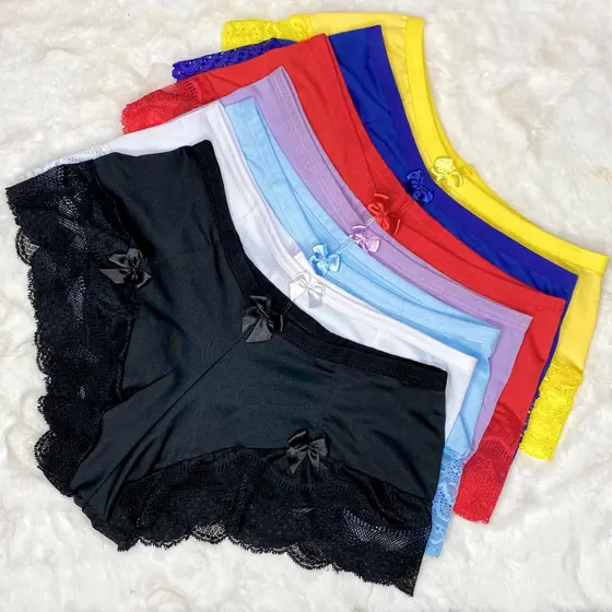 Kit 7 Caleçon Microfibra Renda Lacinho Adulto Shortinho Conforto para Dormir Calcinha Calesson Tanga