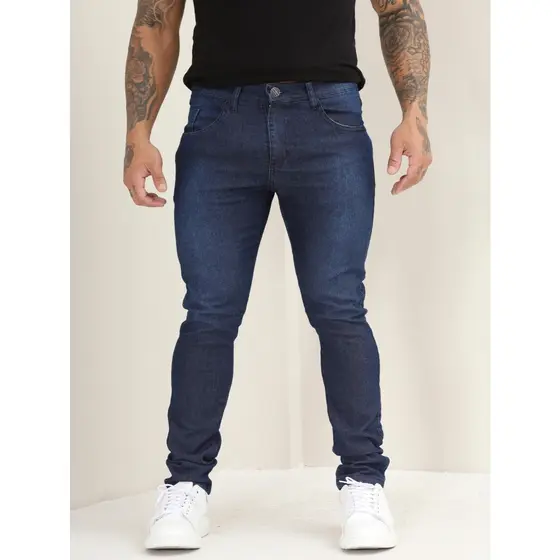 Calça Jeans Masculina Slim Básica Lisa com Lycra Lavagem Escuro A-140
