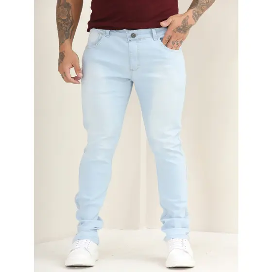 Calça Jeans Masculina Slim Básica Lisa com Lycra Lavagem Clara A- 110