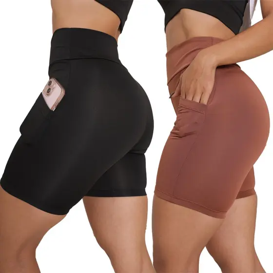 Kit 2 Shorts Legging Feminino Bermuda Fitness Preta Cintura Alta Com Bolso Lateral