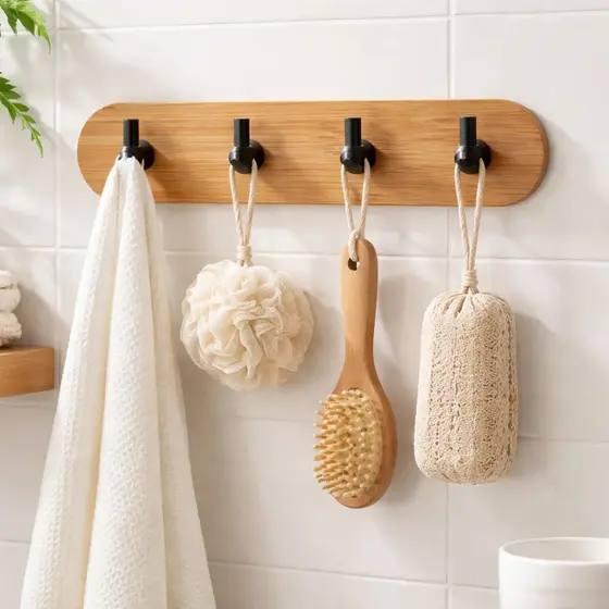 Cabideiro Adesivo De Bambu Com 2/3/4 Ganchos Design Moderno E Minimalista Resistente Suporta 5 kg