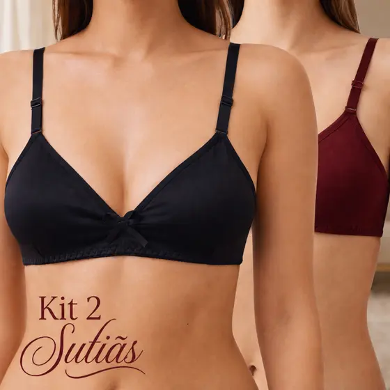 Kit 2 Sutiã Feminino Sem Bojo Menina Moça Dia a Dia Soutien de Luxo com Alça Regulável Tecido Duplo
