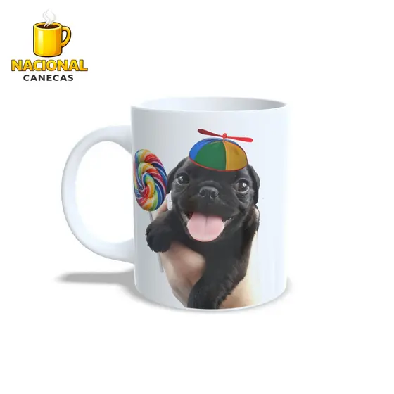 Caneca Meme Cachorrinho Bobinho com Pirulito e Chapeu de Criança Pug Pirulito