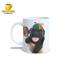 Caneca Meme Cachorrinho Bobinho com Pirulito e Chapeu de Criança Pug Pirulito