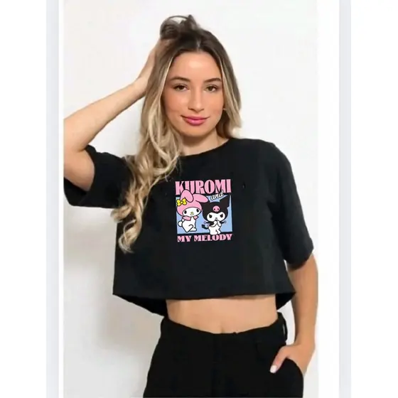Cropped Kuromi e My Melody feminino infantil e juvenil camiseta personagem